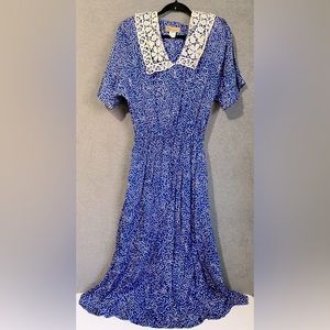 VTG Jane Singer 80’s Polka Dots Lace Collar Dress Size 14 USA Blue White